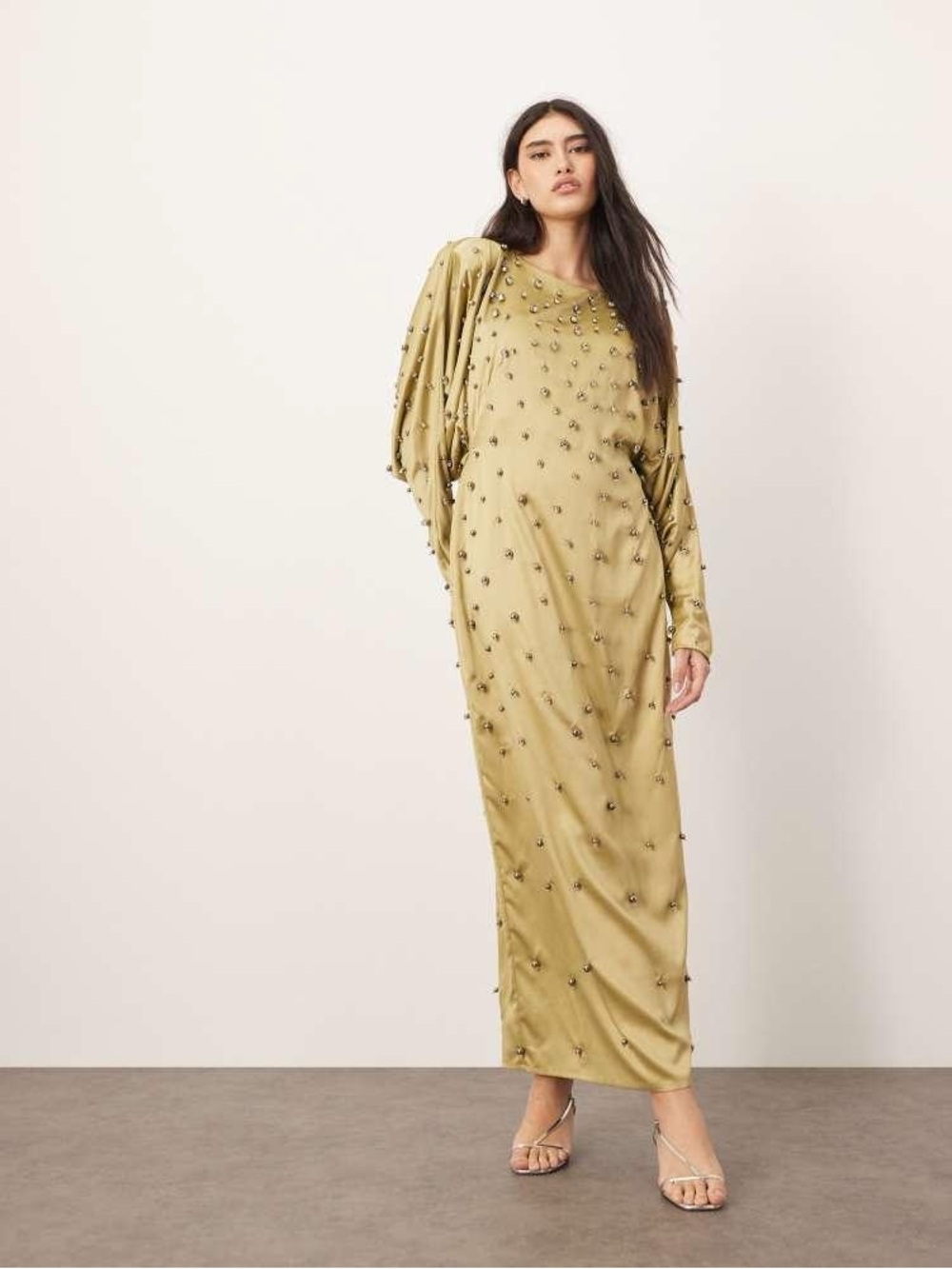 ARRANGE embellished ball bearing strong shoulder open back maxi dress in green